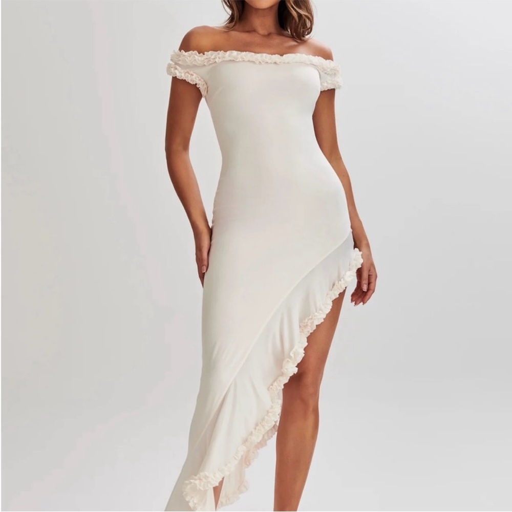 Meshki Cream Asymmetrical Dress with Ruffle Detail